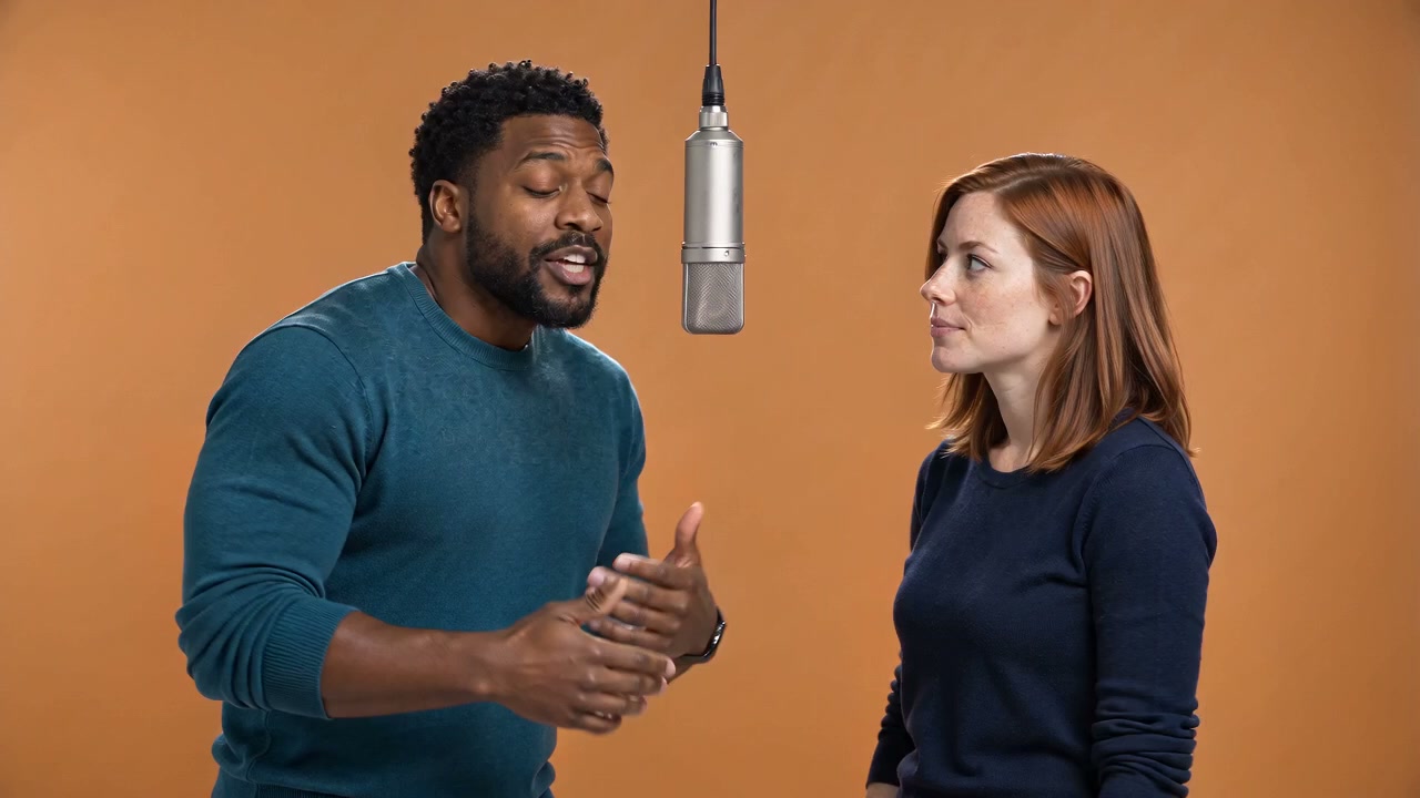 AI-generated fictional portraits performing an orange-studio duet