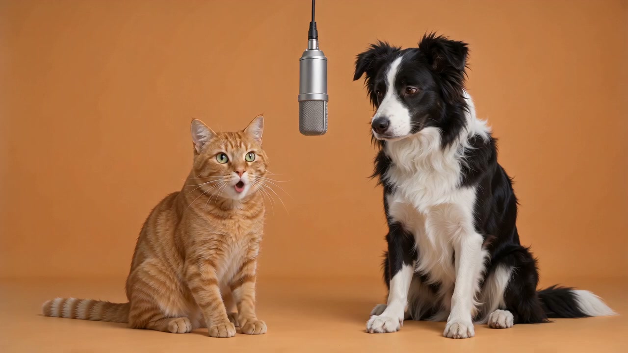 Pets performing an orange-studio duet